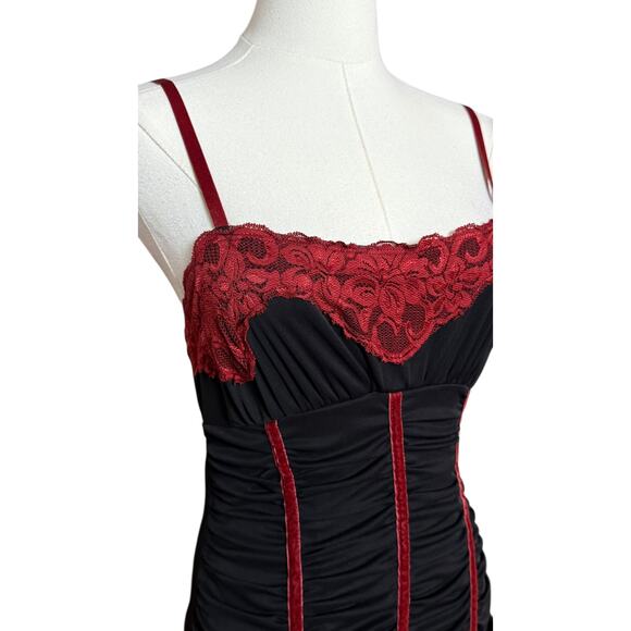 Morbid Threads Gothic Lacy Ruched Slip Dress S Y2K Punk Black Red Lace Bodice - Picture 8 of 11